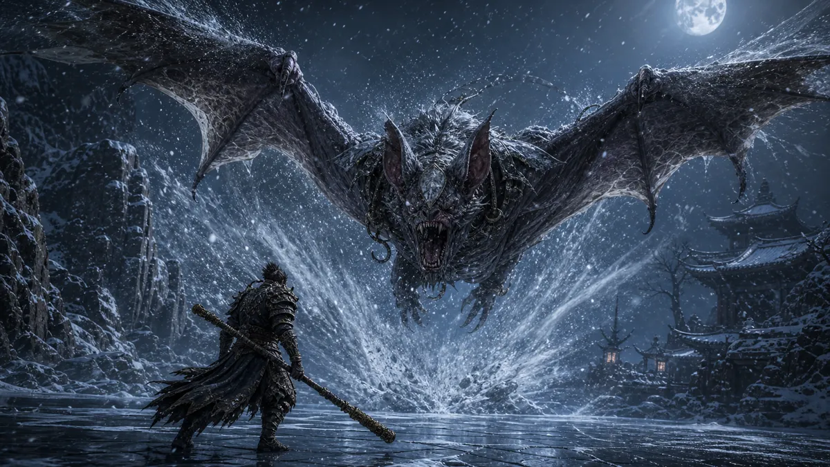 Apramana Bat diving over the frozen shore of Bitter Lake