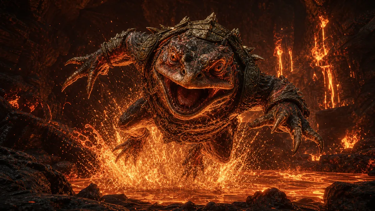 Fire frog guarding the lava-lit entrance to Bishui Cave