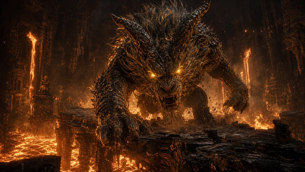 Golden-eyed beast charging across a lava and ice cave arena