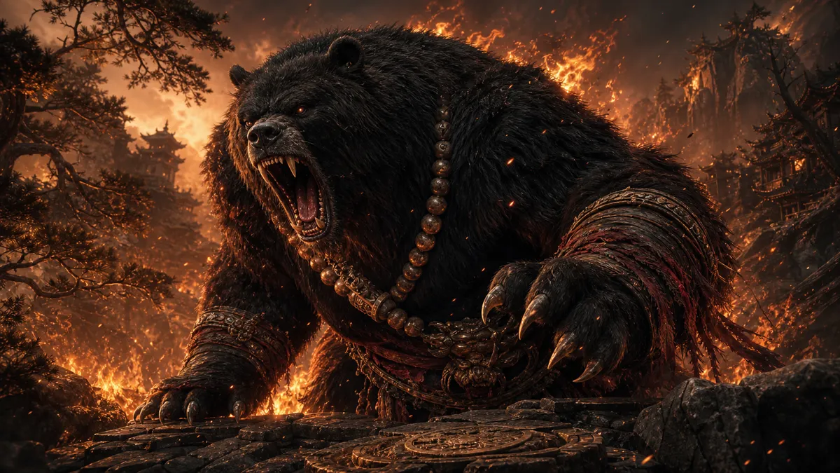 Black Bear Guai advancing through fire at Bodhi Peak