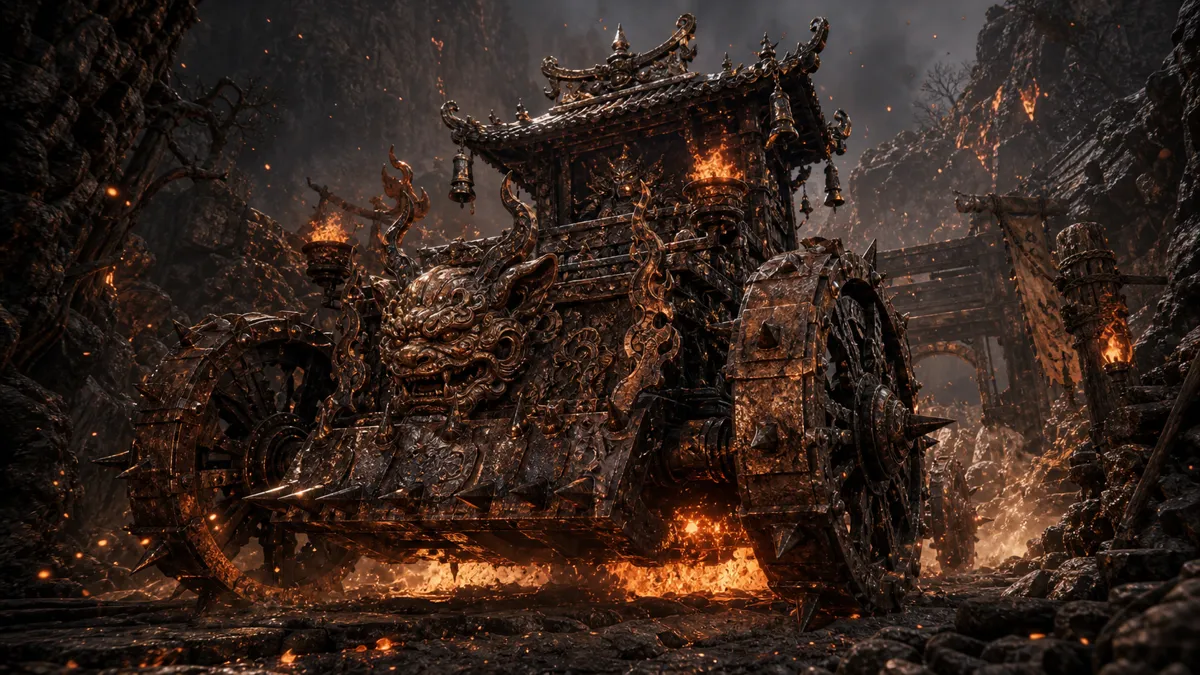 Iron fire cart blocking a smoky Ashen Pass stairway