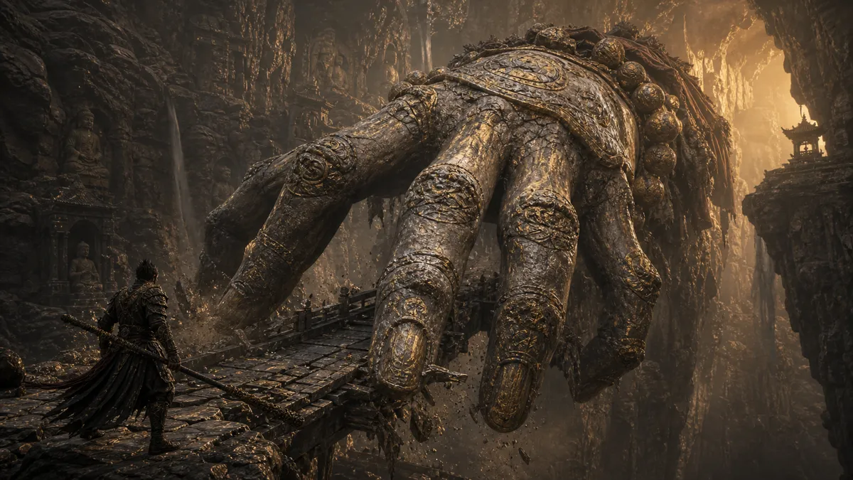 Giant severed hand clinging to a cliffside cavern wall