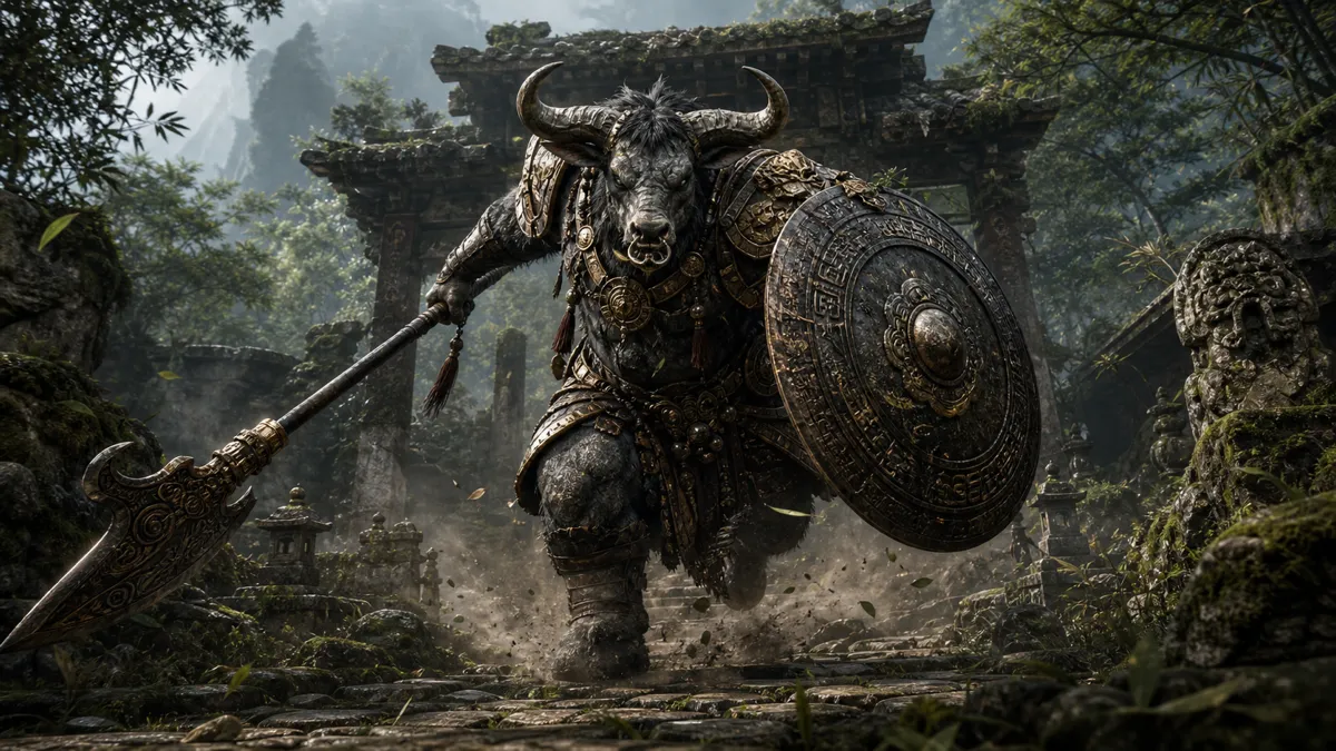 Bullguard raising a heavy axe in the Forest of Wolves