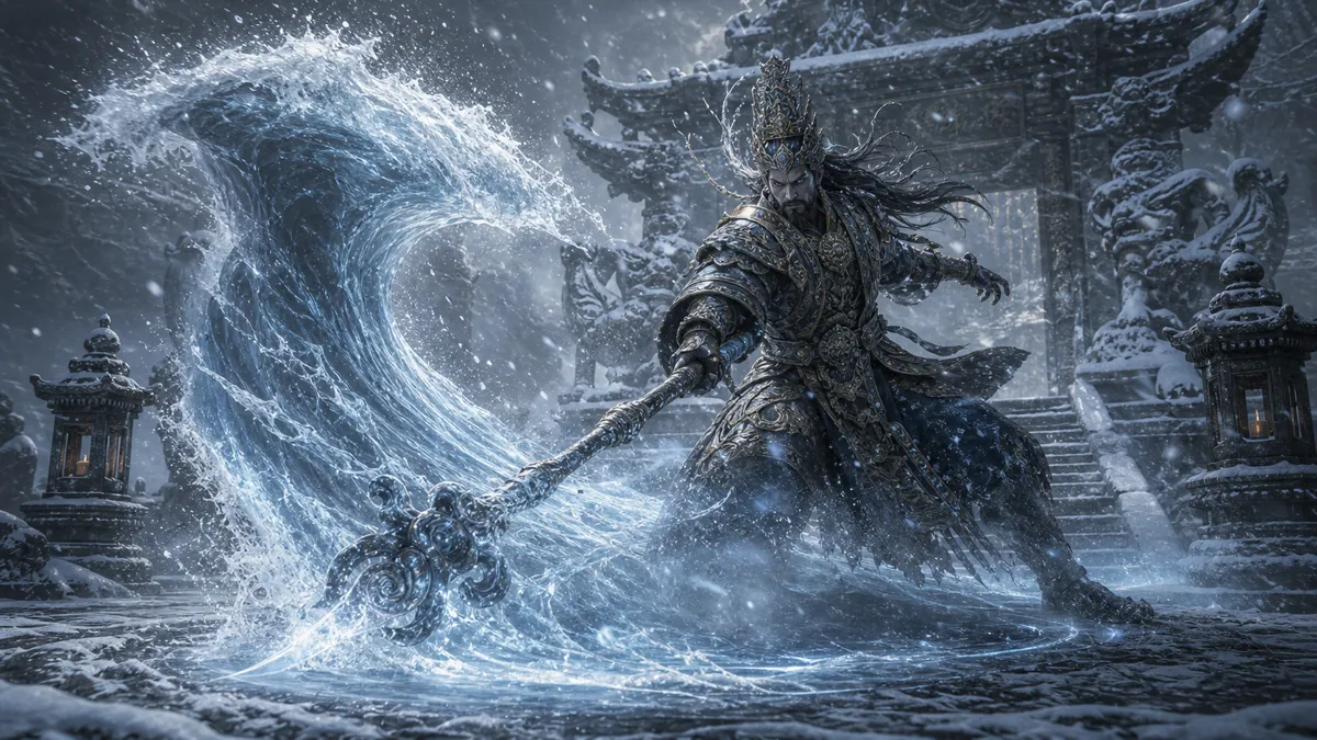 Captain Kalpa-Wave guarding the snowy entrance to New Thunderclap Temple