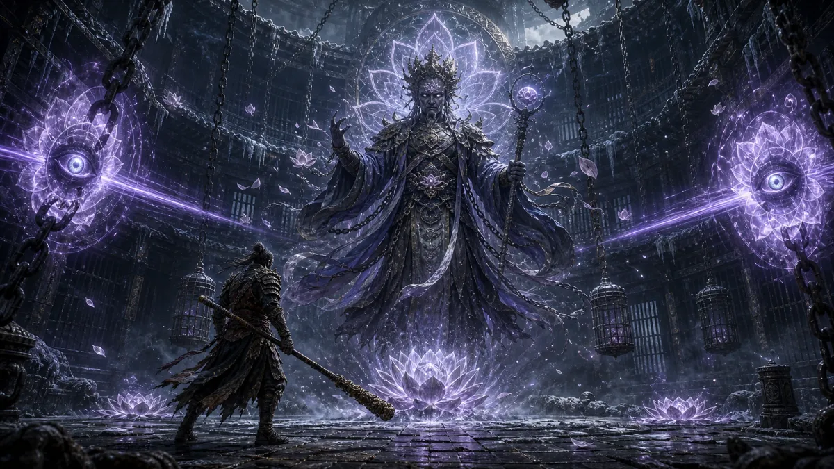 Captain Lotus-Vision floating above a purple Pagoda Realm arena
