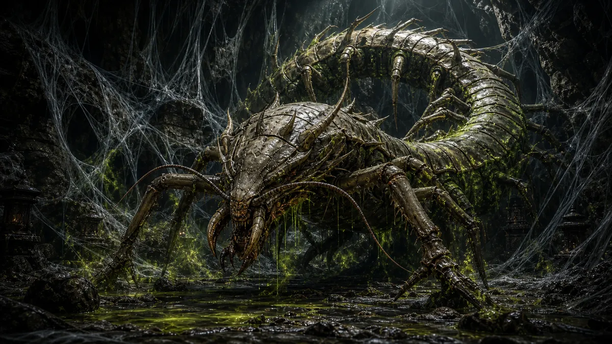 Segmented centipede yaoguai coiled in a dim Webbed Hollow chamber