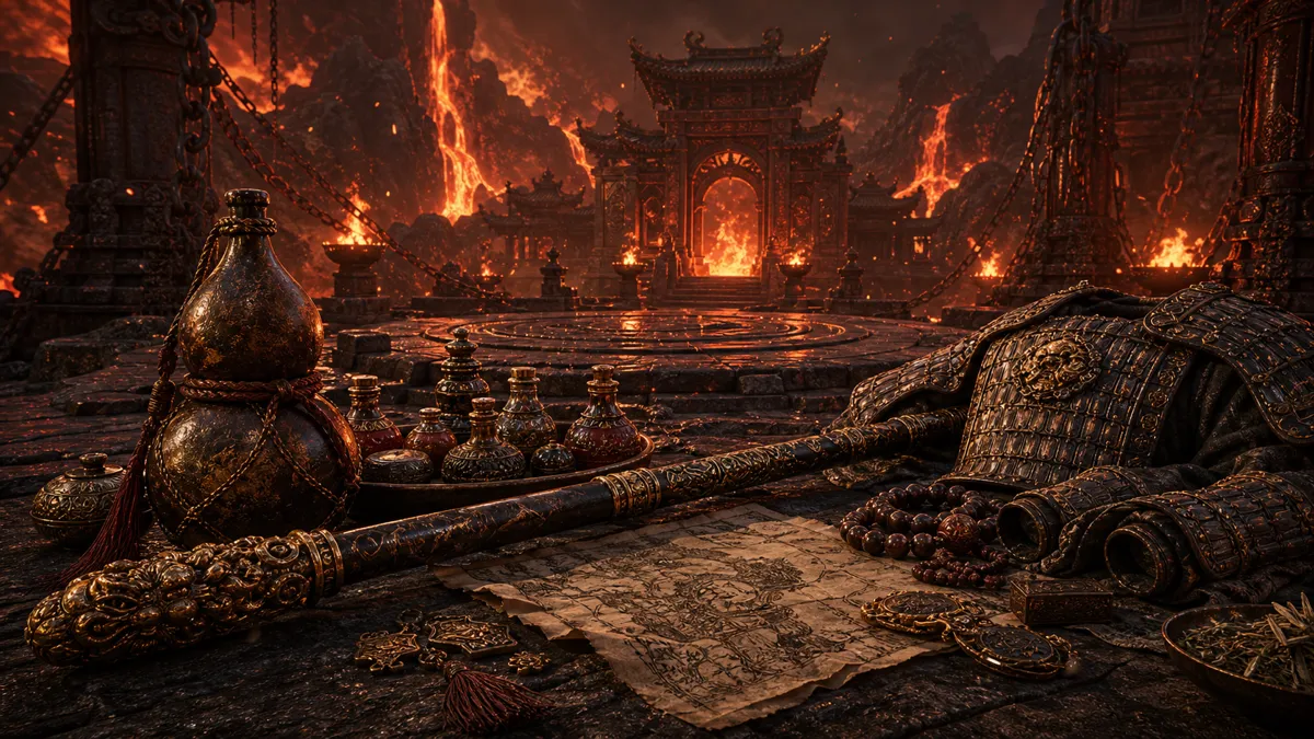 Destined One crossing the Flaming Mountains with fire-resistant boss tools