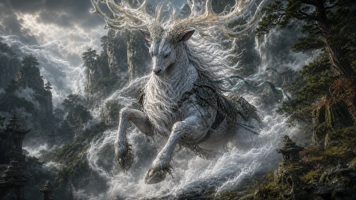 Cloudtreading Deer standing in the red forest of Mount Huaguo