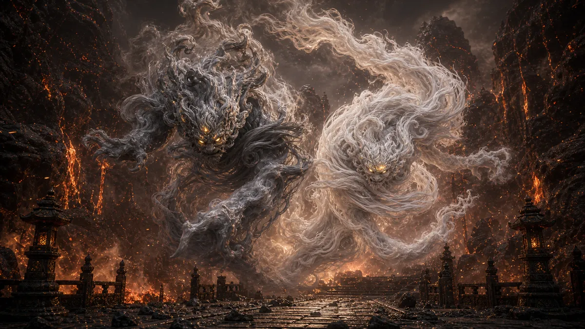 Mist-shrouded duo preparing ice beam and torch attacks in Furnace Valley