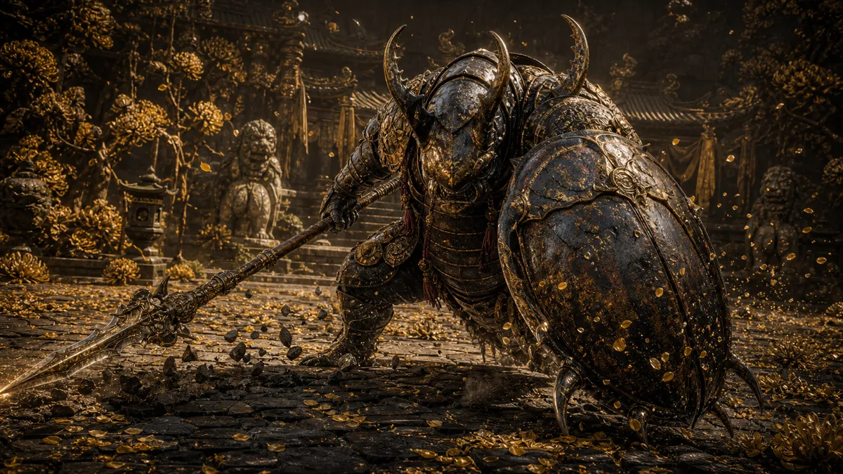Armored beetle commander standing before training disciples in a forest temple