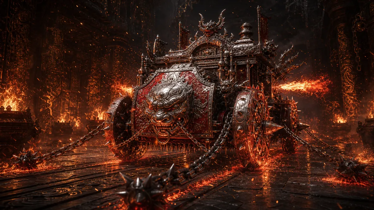 Crimson fire cart rolling through the Emerald Hall stairs