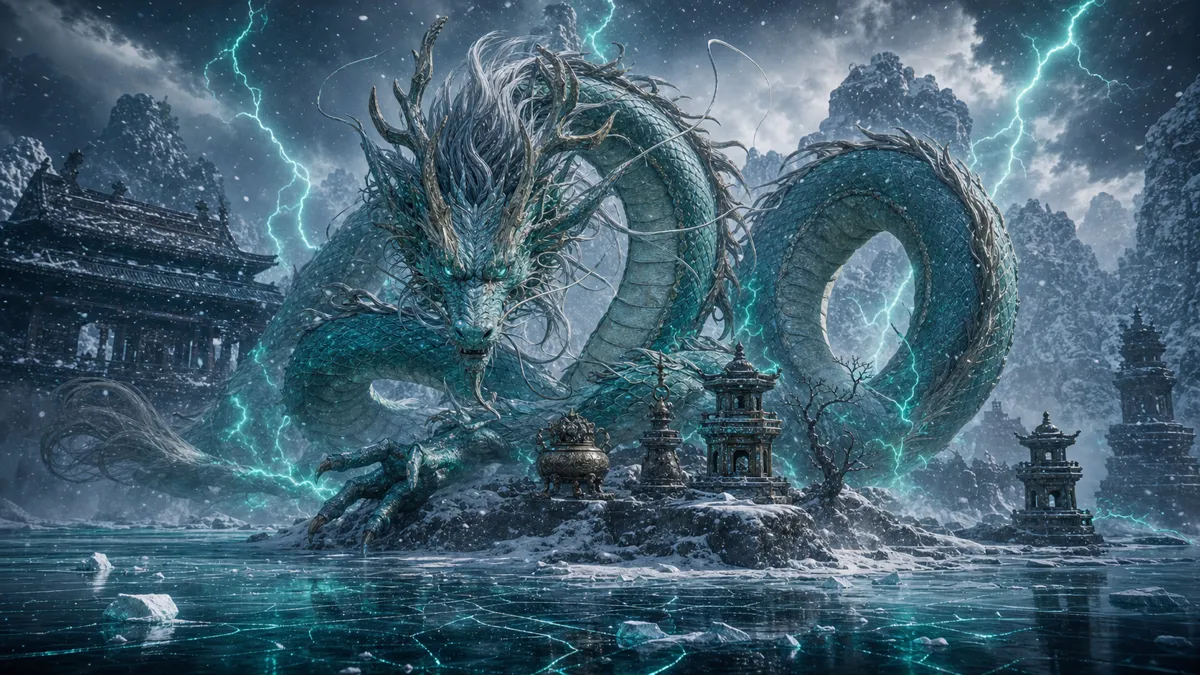 Cyan Loong holding a lightning blade on the edge of Turtle Island