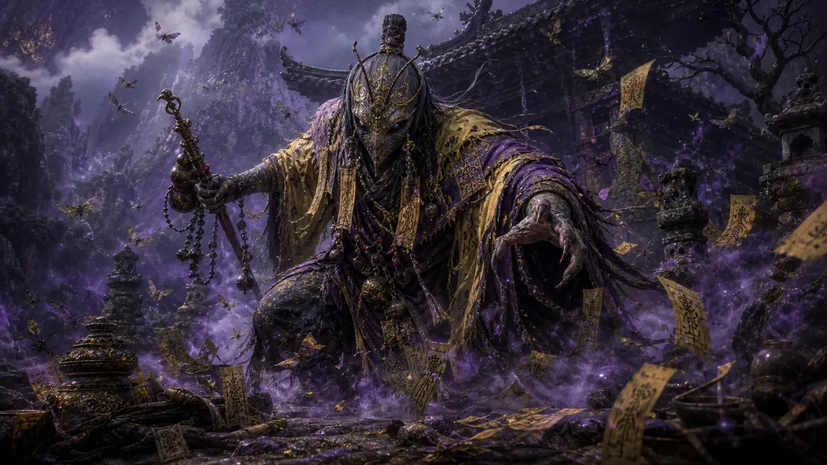 Flute-playing Daoist standing near a shrine in Purple Cloud Mountain