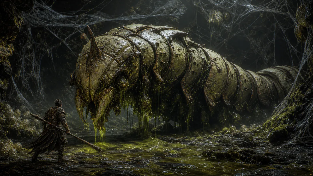 Large armored worm yaoguai thrashing in a web-covered bridge clearing