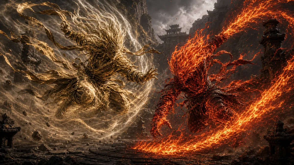 Rolling fire beast and diving wind attacker in the Height of Ember ravine