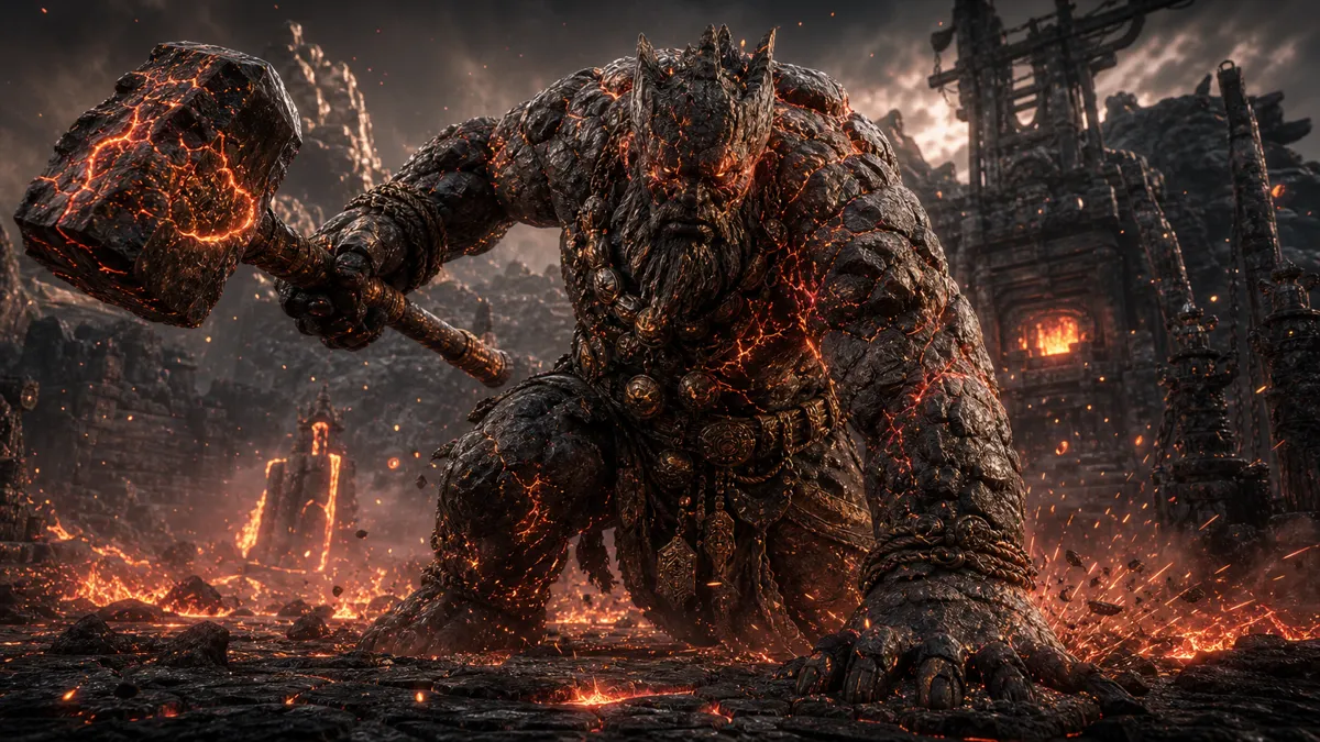 Molten Flint Chief looming beside a lava lake in Furnace Valley