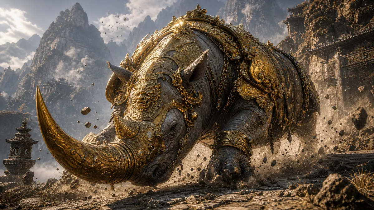 Gold Armored Rhino charging across Rhino Watch Slope
