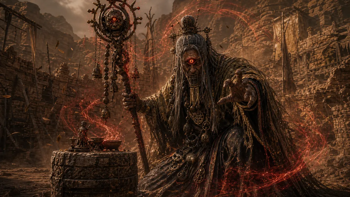 Gore-Eye Daoist casting red ground magic near Wind Seal Gate