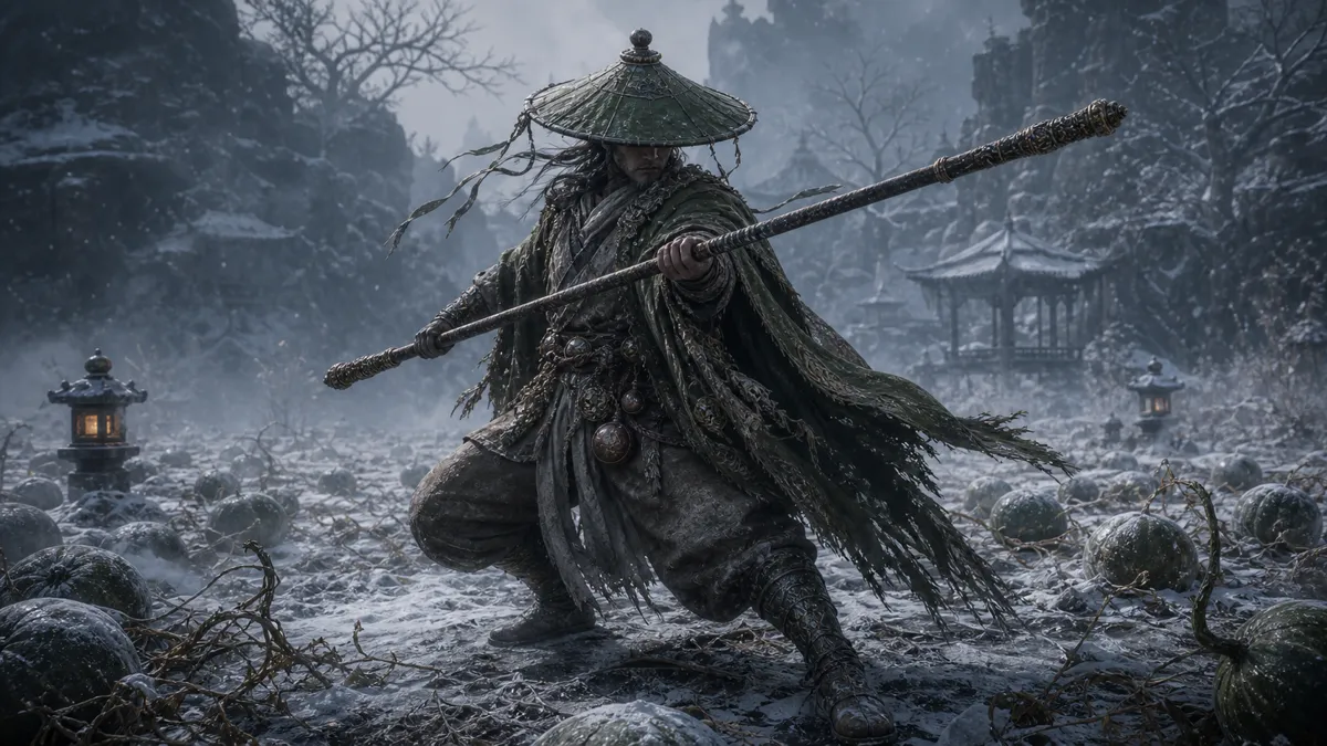 Green-Capped Martialist crossing flaming blades inside the Melon Field cave