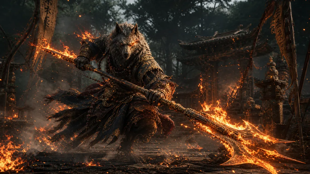Guangzhi swinging a flaming polearm in the Forest of Wolves