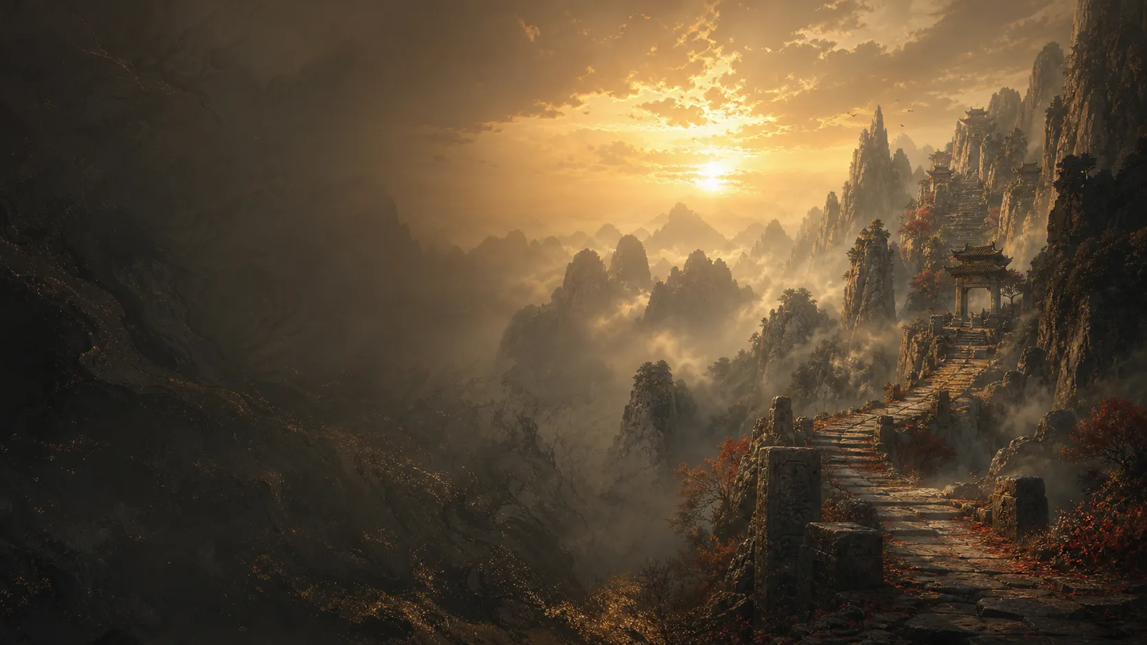 Original ink and bronze mountain landscape inspired by Chinese mythology