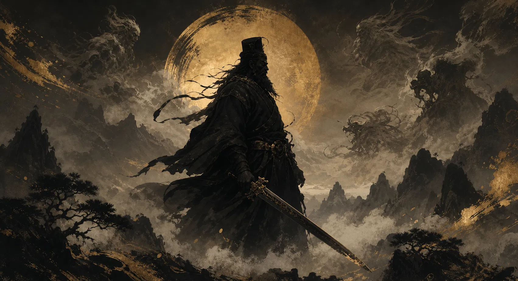 Original ink-and-bronze illustration of a Zhong Kui-inspired guardian in a misty mountain landscape