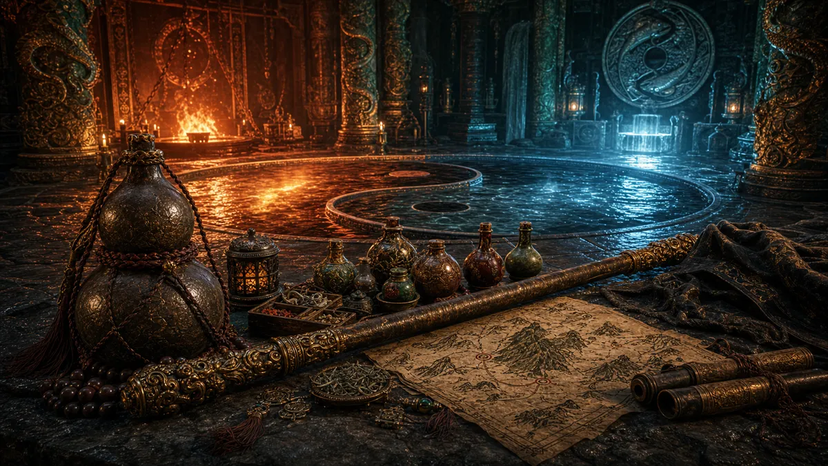 Flaming Mountains keeper summoning a Yin-Yang Fish over the Emerald Hall