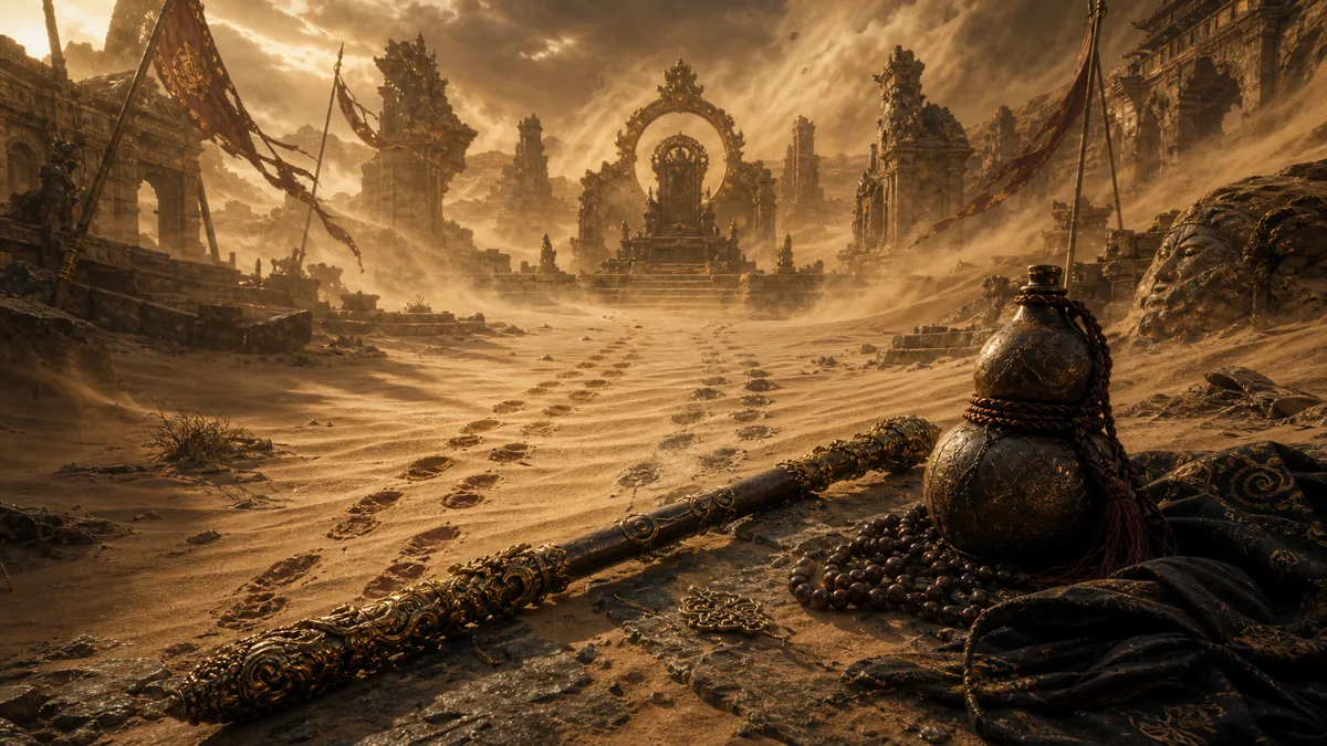 Second Prince attacking while the King of Flowing Sands watches