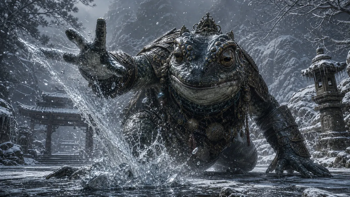 Lang-Li-Guhh-Lang crouched on a frozen pond in Forest of Felicity