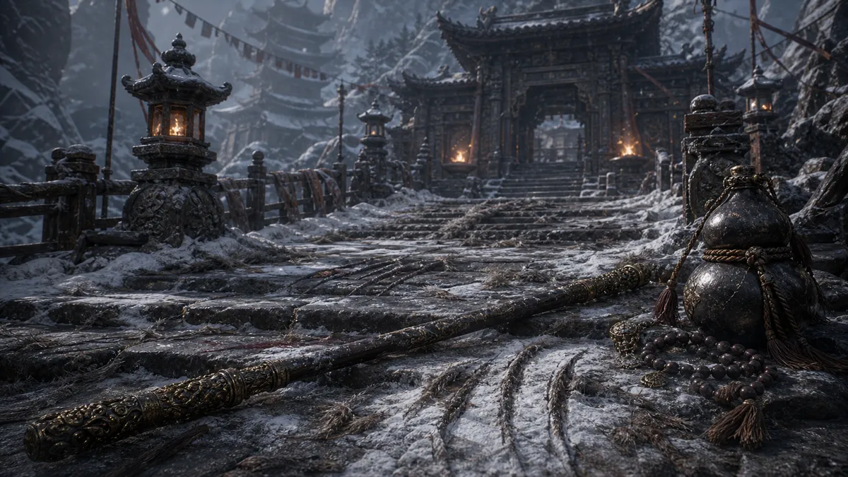 Macaque Chief brandishing a frost-charged blade at Warding Temple