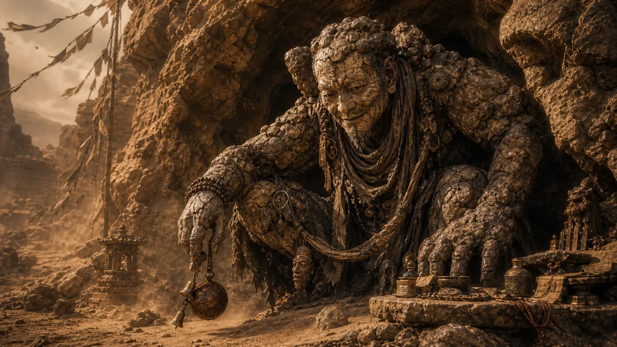 Man-In-Stone waiting in a narrow Fright Cliff ravine