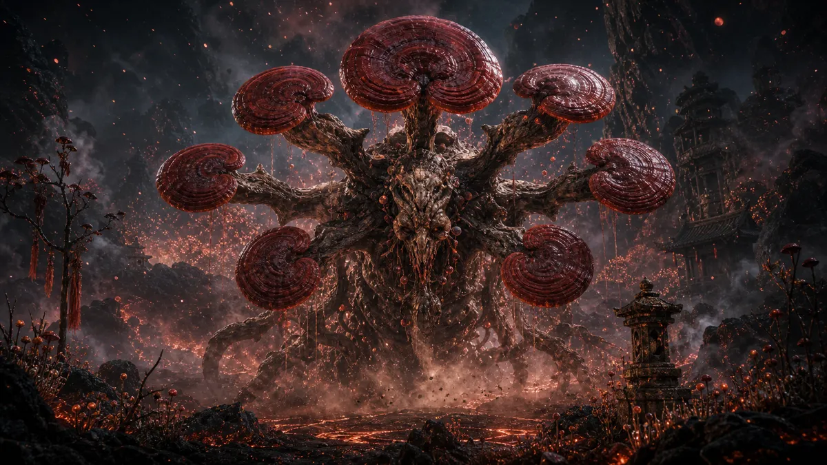 Giant lingzhi yaoguai erupting from a red Field of Fire herb patch