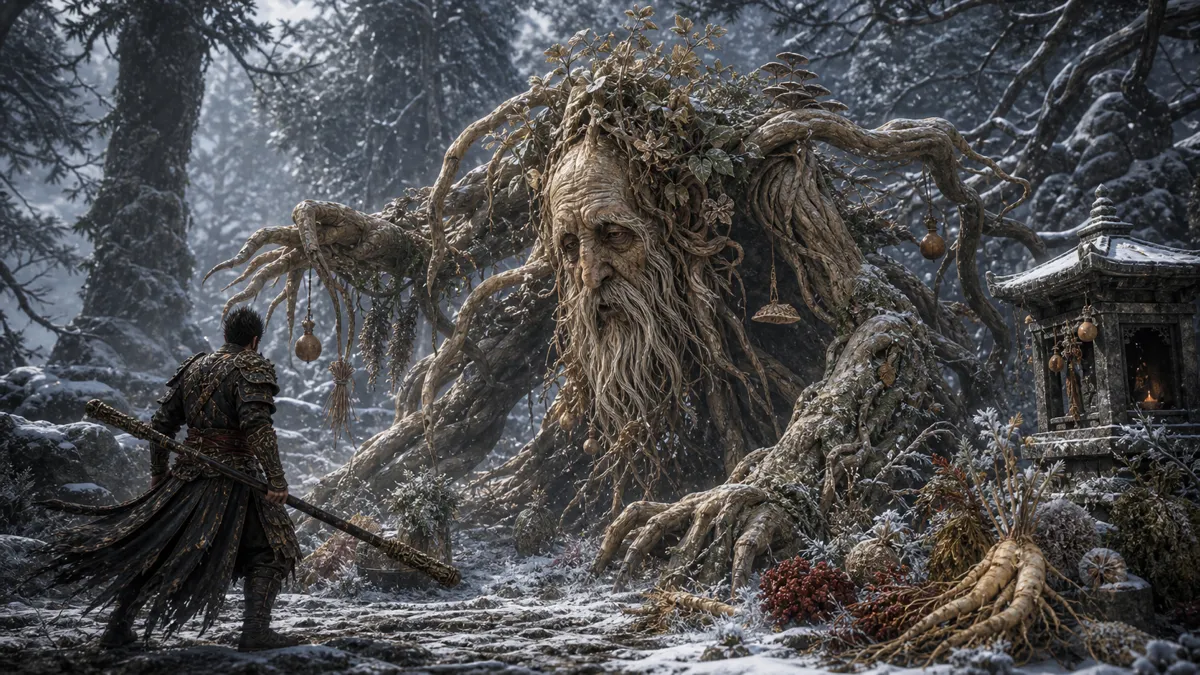Old Ginseng Guai emerging from roots near the Towers of Karma altar