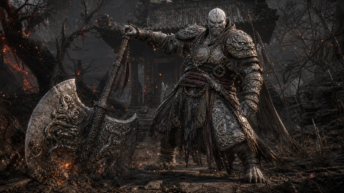 Pale-Axe Stalwart standing among clashing soldiers in Ashen Pass