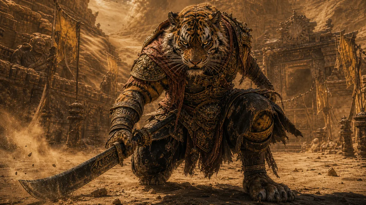 Kingdom of Sahali Tiger Vanguard guarding the desert shrine path