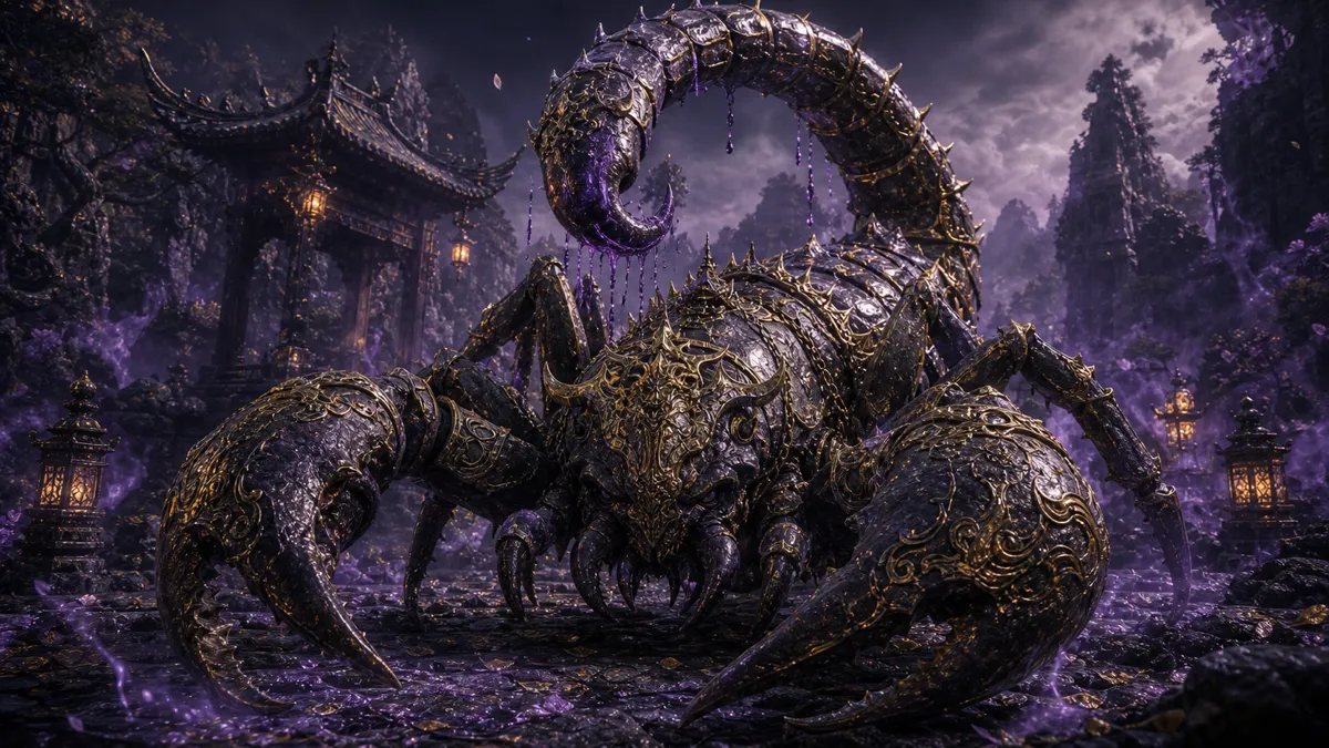 Poisonous scorpion king perched above jars in Purple Cloud Mountain