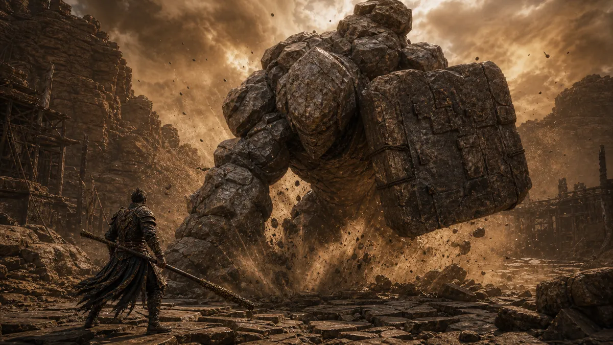 Stone Vanguard raising stone arms in Fright Cliff
