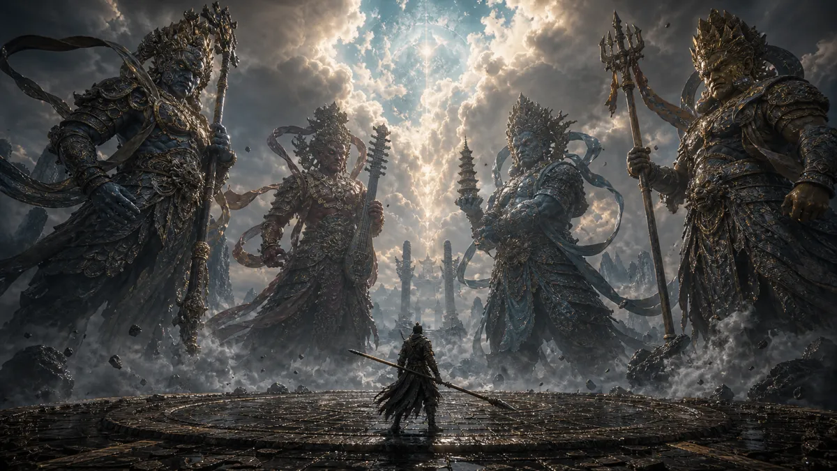 The Four Heavenly Kings looming over the Mount Mei battlefield