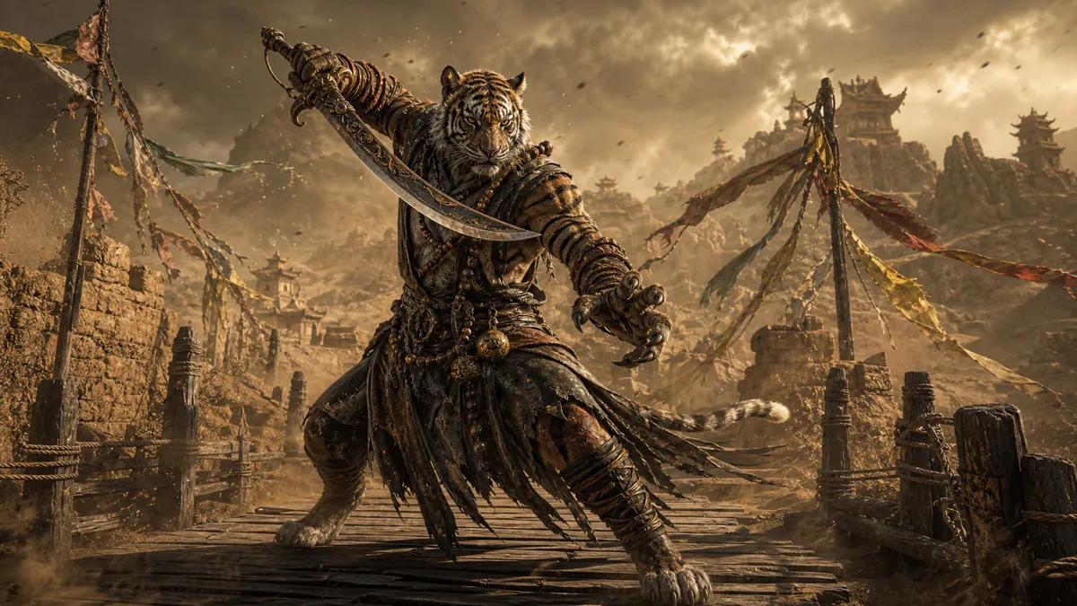 Tiger's Acolyte waiting on the narrow Windrest Hamlet bridge