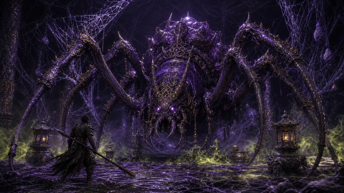 Huge violet spider yaoguai looming inside The Gathering Cave