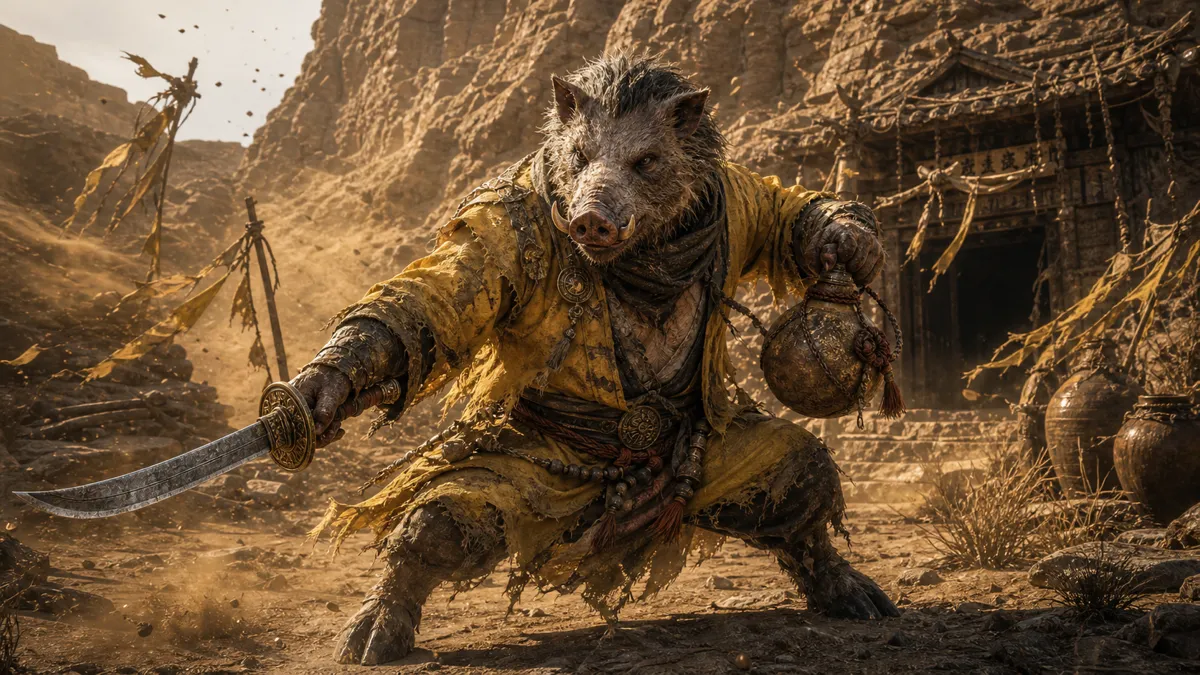 Yellow-Robed Squire confronting the Destined One near Rockrest Flat