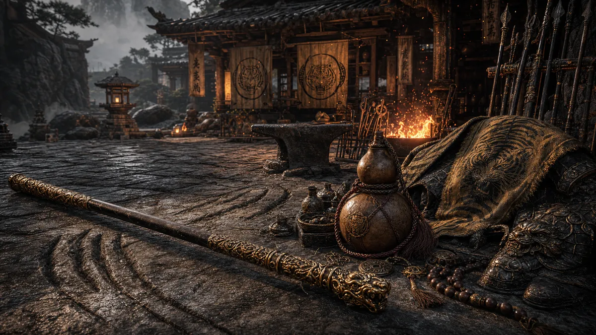 Yin Tiger sharpening a giant blade at the Zodiac Village forge