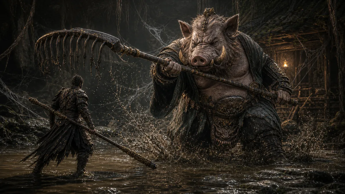 Zhu Bajie charging through a muddy Webbed Hollow tar pit